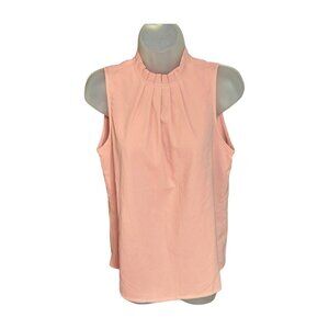 Sleeveless Mock Neck Blouse Pleated Front Keyhole-Back Pearl Button Light Pink